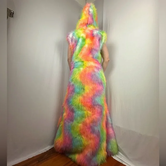 LONG Fur LED Glowing Light Up Coat Burning Man Rave Festival Rainbow Pastel EDC - Picture 2 of 16